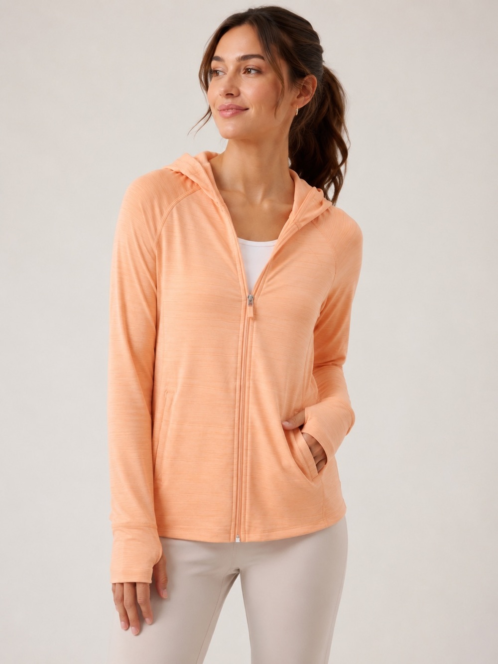 Athleta Pacifica Illume UPF Relaxed Jacket Peach Hooded Full Zip Thumbholes XS